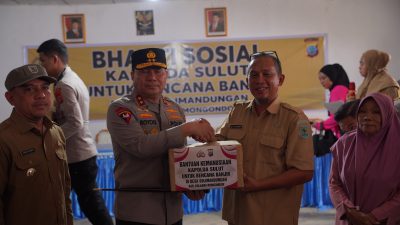 Bhakti Sosial Kapolda Sulut dan Bhayangkari Peduli hadir meringankan beban korban banjir Bolaang Mongondow. Bantuan diserahkan langsung oleh Kapolda.