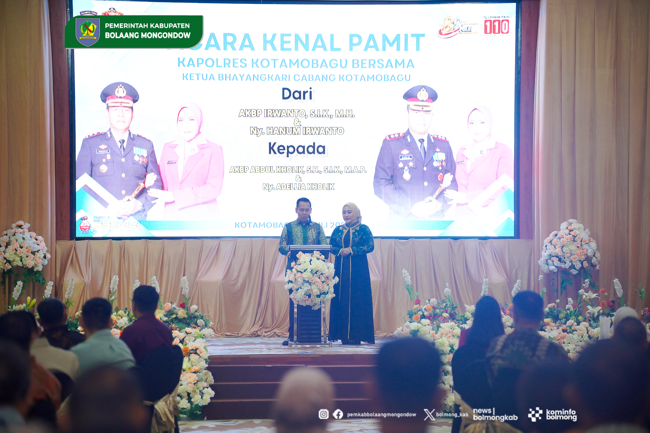 Bupati Bolmong Yusra Alhabsyi menghadiri Kenal Pamit Kapolres Kotamobagu dari AKBP Irwanto kepada AKBP Abdul Kholik untuk perkuat sinergitas.