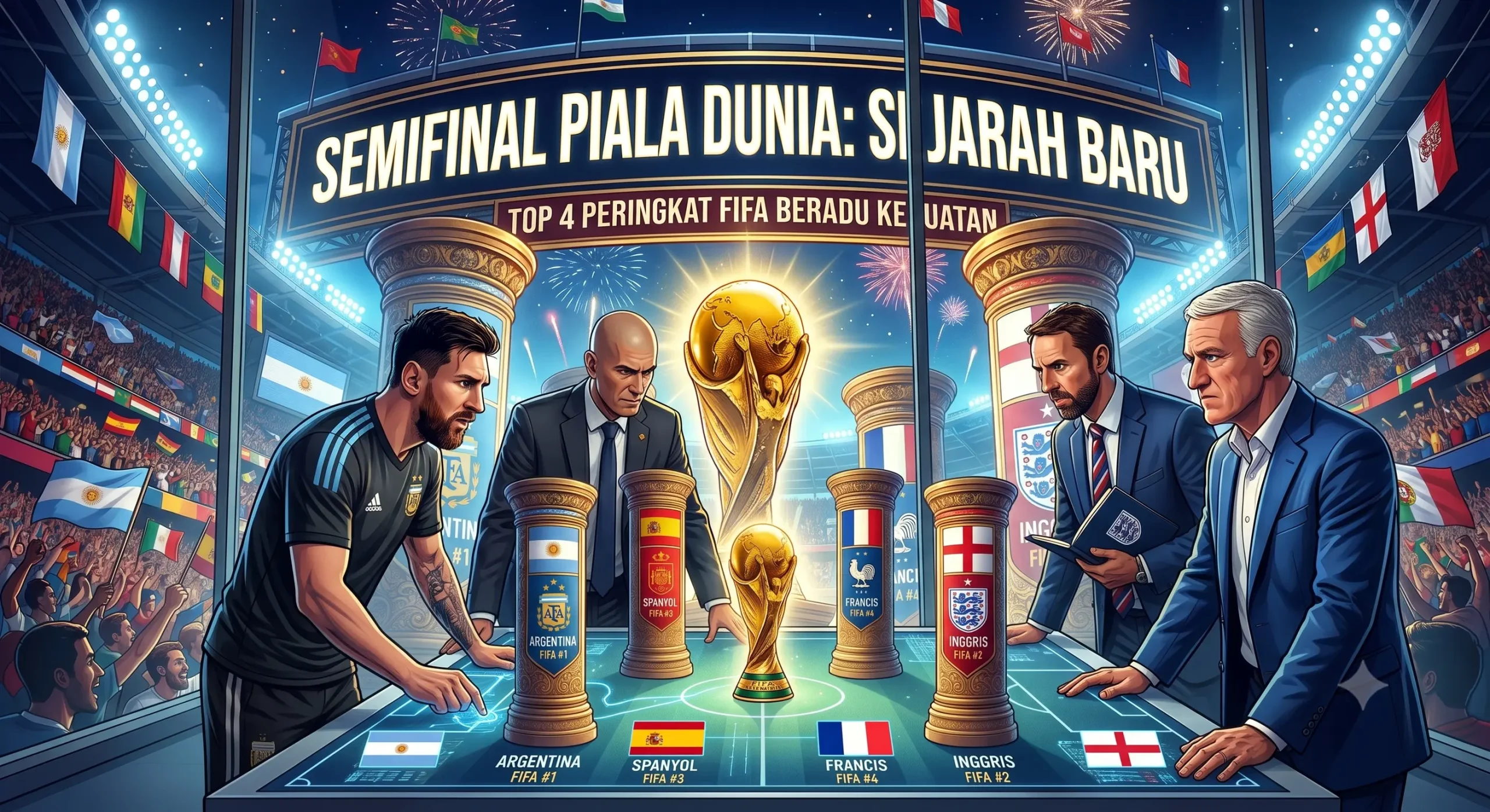 Semifinal Piala Dunia kali ini mencetak sejarah luar biasa! Simak analisis 4 tim peringkat teratas FIFA: Argentina, Inggris, Spanyol, dan Prancis.